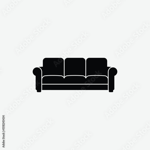 Simple black silhouette of a three-seater couch in front view. Minimalist, clean, flat icon style on white background