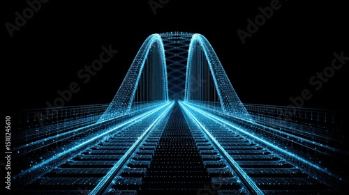 A glowing digital wireframe bridge stretches forward against a black background, resembling futuristic architecture or virtual reality design.