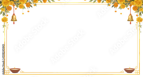 Traditional festive floral frame with golden bells and oil lamps on white background