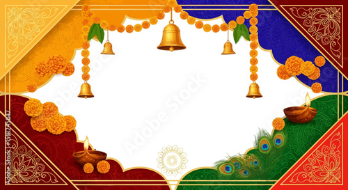 Traditional Indian festive decoration with marigold flowers diyas bells and peacock feathers on colorful background