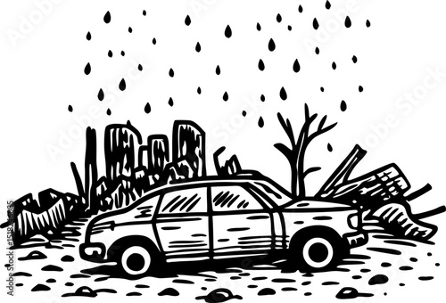 Abandoned car in ruined cityscape, destroyed buildings and leafless tree after disaster, black and white illustration