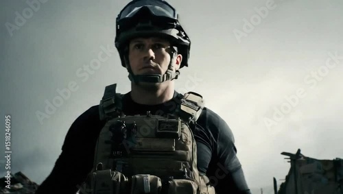 Navy SEAL explorando una pueblo en guerra