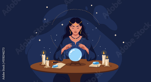 Mystic woman reading crystal ball at table with candles in dark space  