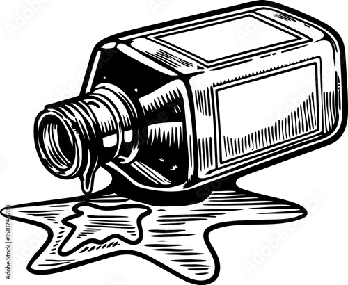 Glass medicine bottle tipped over with liquid spilling vintage hand drawn illustration, black and white detailed sketch