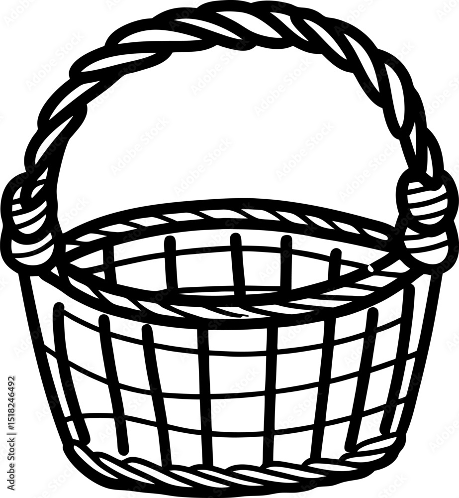 Fototapeta premium Empty woven basket with thick rope handle black outline illustration, simple rustic container for carrying goods