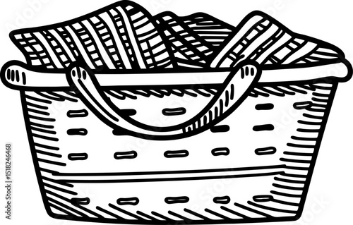 Woven basket with cloth hand drawn illustration of laundry hamper, household container, storage concept
