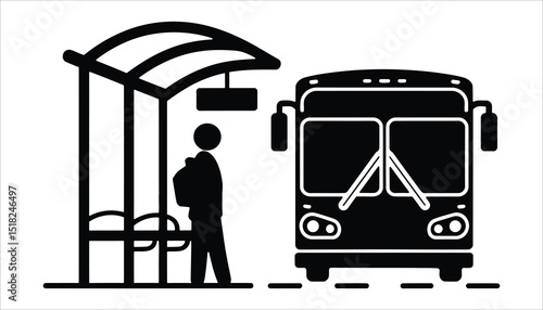 Bus Stop Silhouette Vector. Person Waiting for Public Transportation.