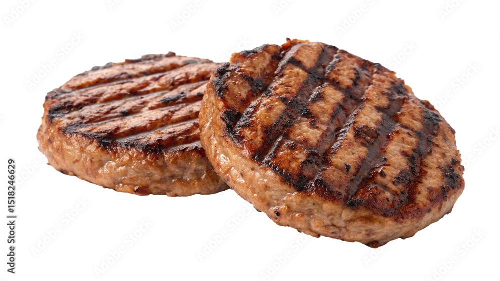 Two grilled burger patties isolated on transparent background Two grilled burger patties isolated on transparent background