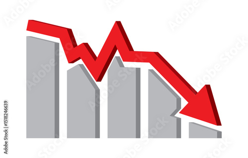 Red 3d arrow going down stock icon on white background. Bankruptcy, financial market crash icon for your web site design, logo, app, UI. graph chart downtrend symbol.chart going down sign.