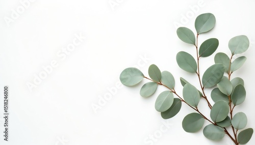 Isolated eucalyptus branches against white background. Fresh green leaves with copy space. Top view. Botanical design for wedding cards, decor. Eucalyptus plant for aromatherapy, spa.