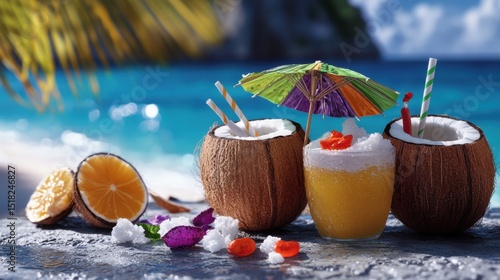 Tropical beach scene featuring coconut water with umbrella and festive garnishes