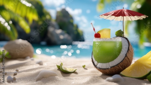 Tropical beach scene featuring coconut water with umbrella and festive garnishes