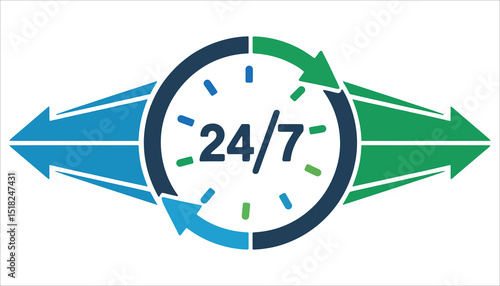24/7 Service Vector Icon. Around the Clock Support Symbol with Arrows.
