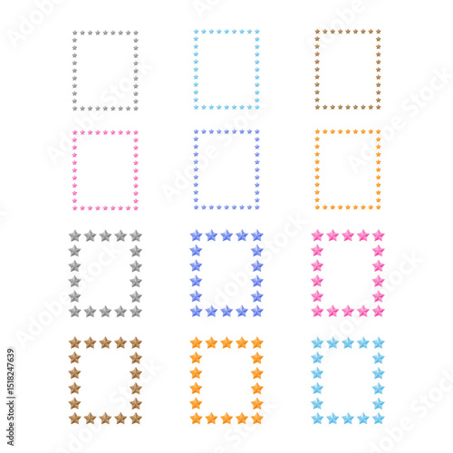 Set of rectangular frames with stars. Colorful star borders. Decor for photo, artwork, fabric, wallpaper, wrapping paper, scrapbooking, decoupage.
