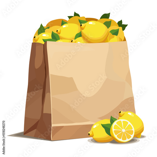Paper bag full of lemons . Vector fruit illustration in flat style. Summer clipart for diet design