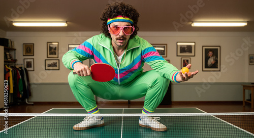 Portrait humoristique d'un homme en survêtement vintage années 80 prêt à jouer au ping pong.
