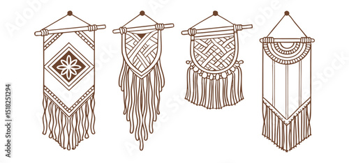 Collection of hand drawn macrame wall hangings in brown color with decorative bohemian design elements displayed