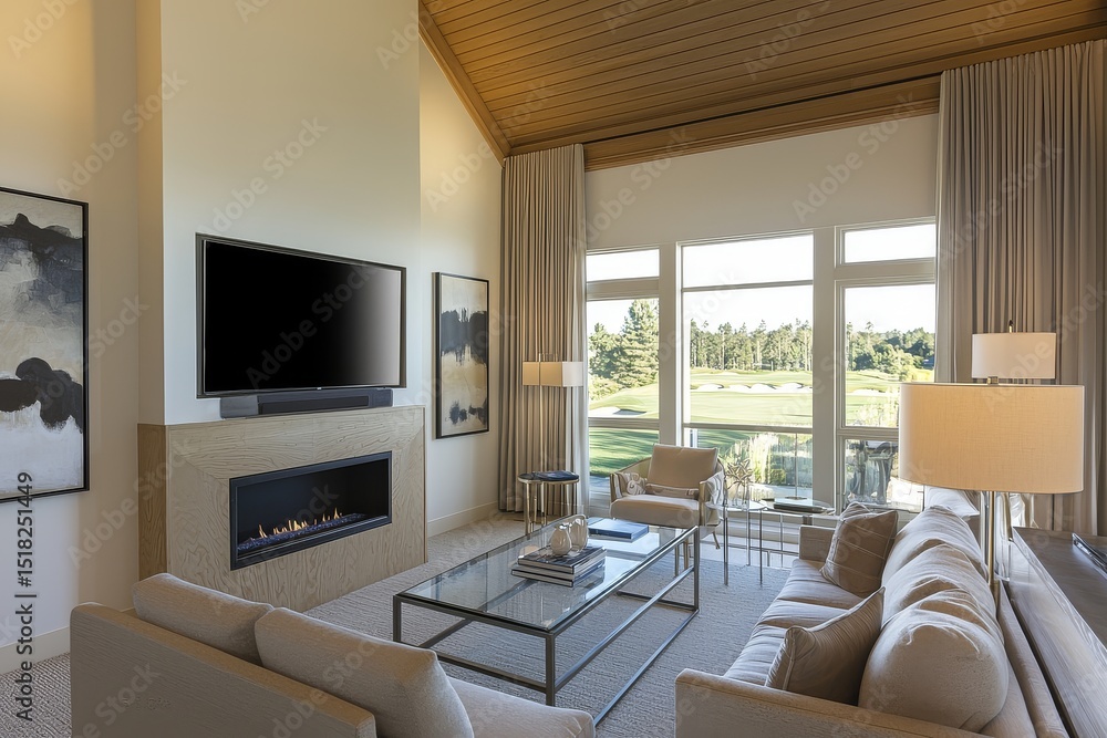 Fototapeta premium Modern elegant living room with high ceilings, white walls, wood ceiling, grey sofa, glass coffee table, fireplace, large windows overlooking golf course