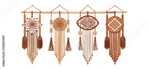 Beautiful handcrafted macrame wall hangings in earthy tones displayed on a wooden rod for boho interior design