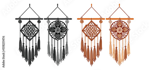 Artistic illustrations of traditional wall hangings in varied monochromatic and sepia tones depicting intricate decorative patterns.