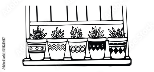 A row of succulents in decorated pots on a shelf illustrated with black outlines and graphic design elements