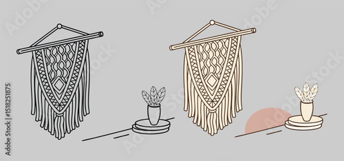A charming illustration of minimalist bohemian decor featuring macrame wall hangings and potted plants on a neutral backdrop.