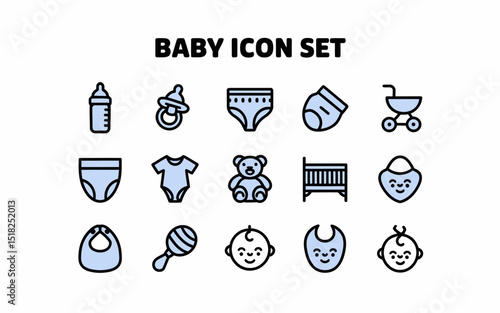 Baby Icons Set Newborn Infant Child Care Products Symbols Collection Cute Little Boy Girl Toddler  Diaper Bib Bottle Rattle  Stroller Crib Teddy Bear kid items stuff needs design vector family graphic