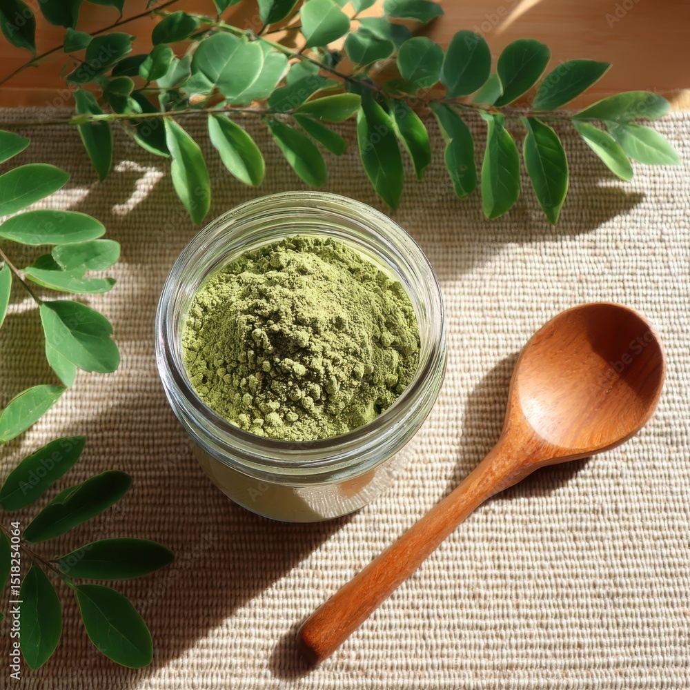Moringa powder in jar on white background Moringa powder in jar on white background