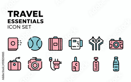 Travel Essentials Icon Set Flat Design Colorful Modern Minimalist Vector Graphics for Website Mobile App Design Tourism Trip Journey Vacation Holiday Adventure Packing List Luggage Passport Ticket    