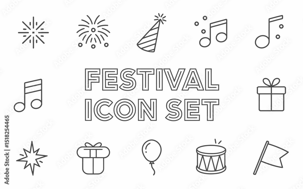Fototapeta premium Elegant Festival Icon Set Line Art Design Elements Celebration Party Holiday Festive Graphics Black White Simple Minimalist Vector Illustration Perfect for Invitations Cards Posters Websites Festive 