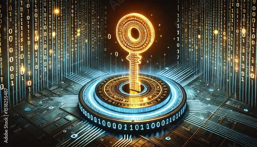 A futuristic and digital-themed scene featuring a glowing golden key made of detailed binary code, unlocking a high-tech circular lock