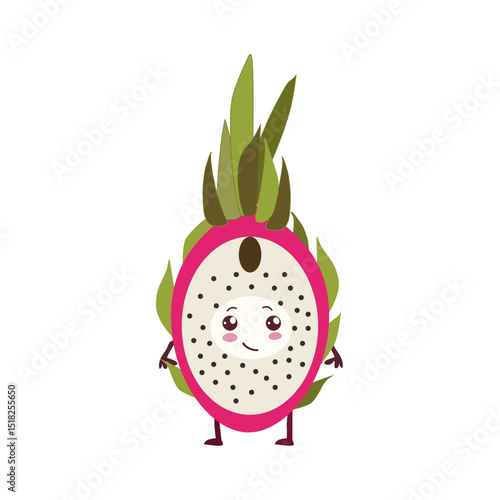 ,Cute Dragon fruit cartoon character,Happy pitahaya tropical fruit ,Funny mascot of Dragon fruit with happy face vector illustration isolated on transparent background