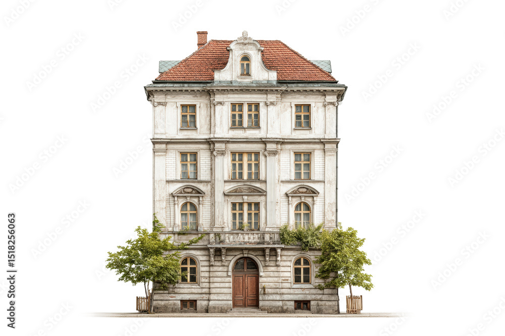 Fototapeta premium PNG Historic european building with red roof and arched entrance