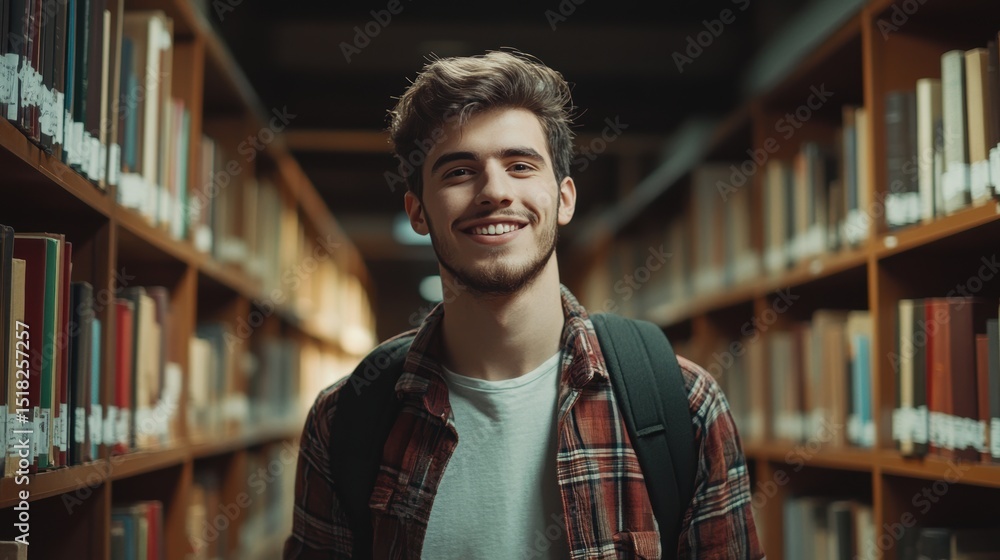 Handsome Smile student man with backpack and books in library, education, university, cheerful, college, happy, standing, school, backpack, attractive, enjoyment, confidence Handsome Smile student man with backpack and books in library, education, university, cheerful, college, happy, standing, school, backpack, attractive, enjoyment, confidence