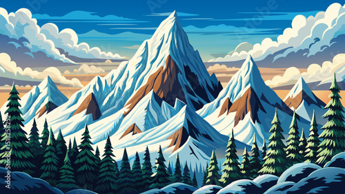 Vector cartoon landscape of snowy mountain peaks with pine forest, illustrating a peaceful winter nature scene in flat minimal style
