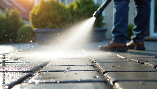 Man washes patio with high pressure water jet. Cleaning paving slabs from dirt grime. Outdoor terrace home improvement, professional job. Wet surface concrete pavement cleaning service.