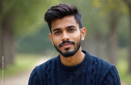 Handsome Indian man portrait with dark hair and beard in blue sweater. Person smiling, looking at camera outdoors. Young guy, fit, casual attire, happy, friendly. Natural light, blurred background.