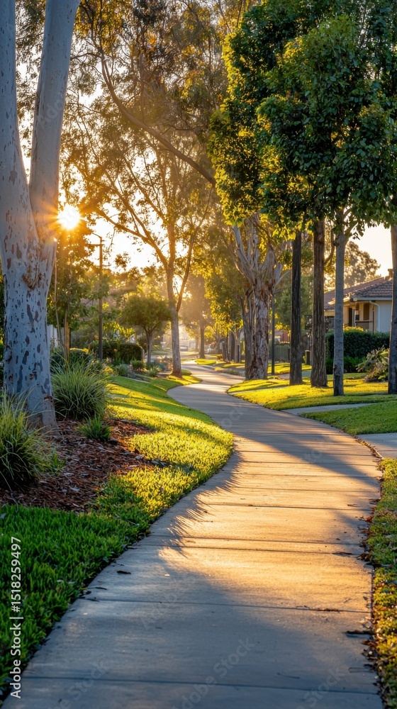 Obraz premium Bright sunny morning scene in a residential suburban neighborhood with a winding sidewalk, mature trees, lush green lawns, and warm sunlight filte through the leaves