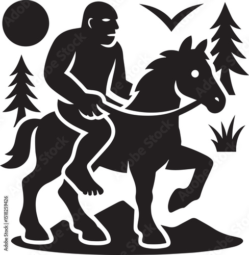 Bigfoot man black and white is riding on a horse silhouette vector design