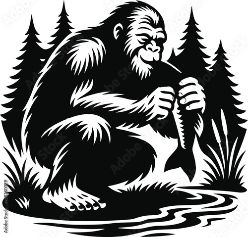 Bigfoot Yeti black and white eating fish from a river silhouette vector design