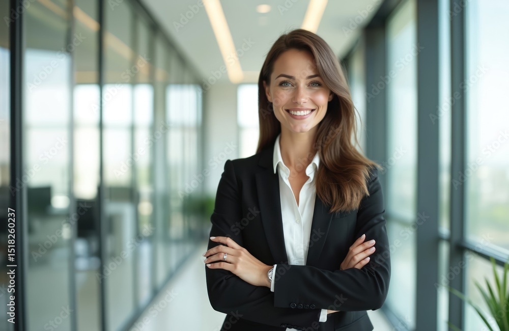 Caucasian businesswoman poses in office with arms crossed smiling. Confident corporate portrait successful female leader, smiling toothy at camera. Company employee employer. Caucasian businesswoman poses in office with arms crossed smiling. Confident corporate portrait successful female leader, smiling toothy at camera. Company employee employer.