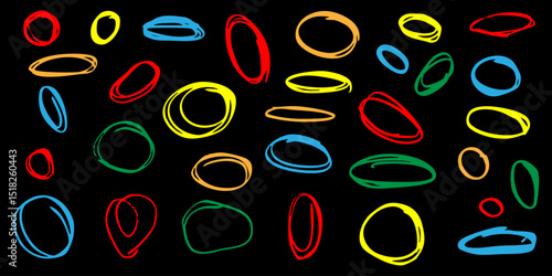 A set of oval shapes outlined in chalk or wax crayons. Roughly drawn elliptical circles in a grunge style with a pencil or marker to emphasize textual information and accents.
