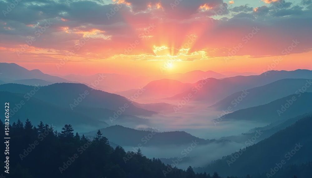 Obraz premium Serene mountain landscape at vibrant sunrise with misty valleys, captivating colors. Dramatic atmospheric, awe inspiring natural scenery. Ideal travel eco-tourism destination. Scenic beauty, peaceful