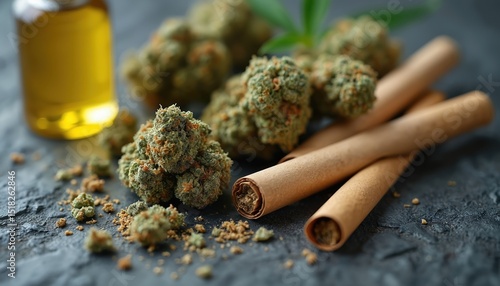Marijuana buds, joints, cannabis oil. Ganja, green herbal medicine. Cannabis for health, medicine, treatment. Alternative medicine. Marijuana legalization, grow, growth, prescription, treatment.