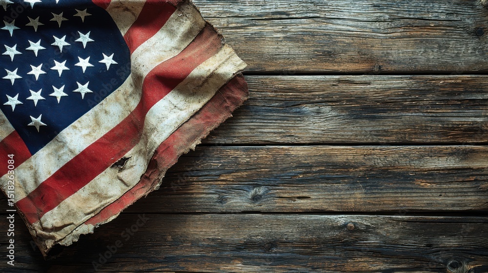 Fototapeta premium An old, distressed american flag on a weathered wooden surface, showing patriotism.