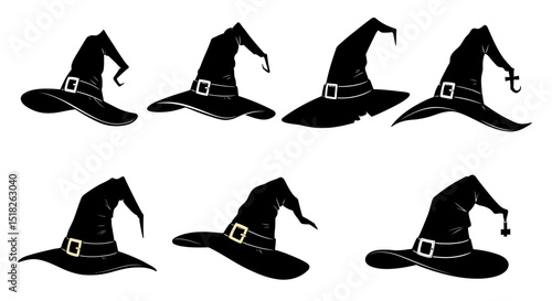 Collection of Black Witch Hats with Buckles in Various Styles