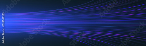 Light speed. Technology background with fast flowing neon lines. Dynamic effect. Blue and purple dark gradient. Speed, data transfer or futuristic concept. Vector Illustration.