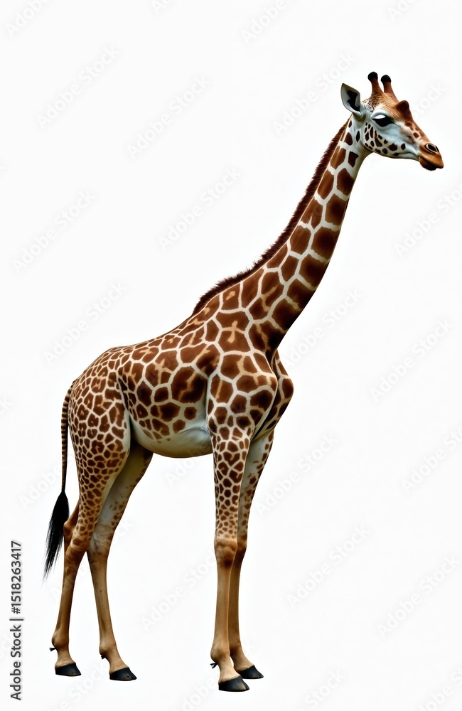 Obraz premium Side view cut-out giraffe stands tall on white background. Long neck, patterned coat, tall legs. Wild animal, safari theme, wildlife nature portrait. Ideal for educational resources, zoo content,