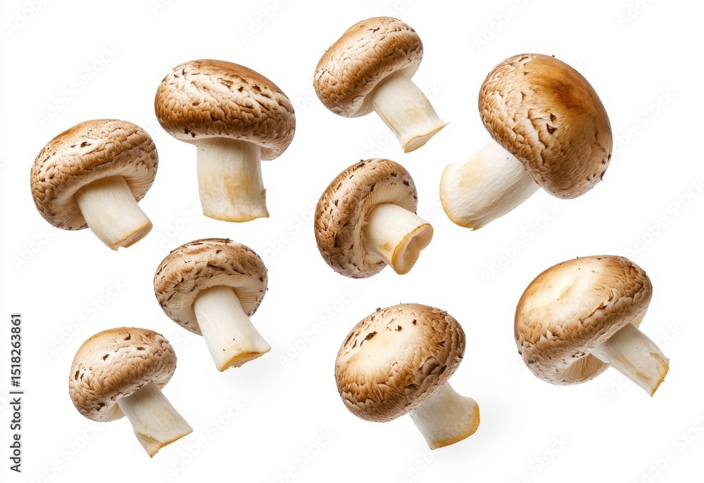 Fresh Brown Mushrooms on White Background with Varied Angles and Arrangements Highlighting Their Distinctive Shapes and Textures Fresh Brown Mushrooms on White Background with Varied Angles and Arrangements Highlighting Their Distinctive Shapes and Textures