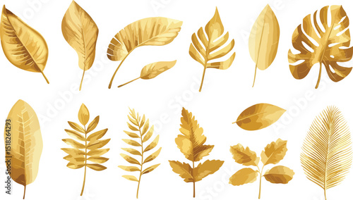 Elegant Golden Leaves Illustration A Collection of Botanical Elements for Design and Decoration Featuring Tropical and Temperate Foliage in a Sophisticated Gold Palette leaves